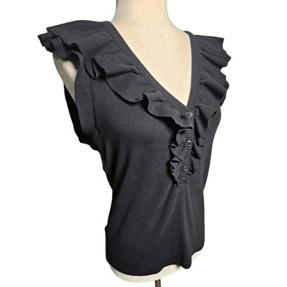 Express Black Ribbed Ruffle Shoulder Tank Cotton Spandex Size L - Picture 2 of 11
